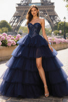 Load image into Gallery viewer, Sparkly Navy Beaded Sweetheart Tulle Long Prom Dress with Slit
