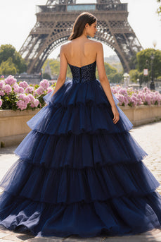 Sparkly Navy Beaded Sweetheart Tulle Long Prom Dress with Slit