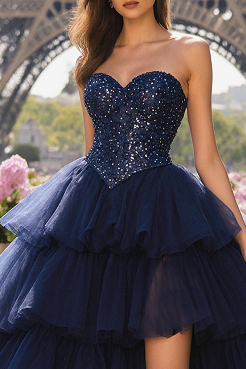 Load image into Gallery viewer, Sparkly Navy Beaded Sweetheart Tulle Long Prom Dress with Slit