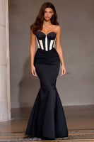 Load image into Gallery viewer, Black and White Strapless Mermaid Corset Long Prom Dress