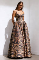 Load image into Gallery viewer, Brown Leopard Print Spaghetti Straps A Line Long Prom Dress