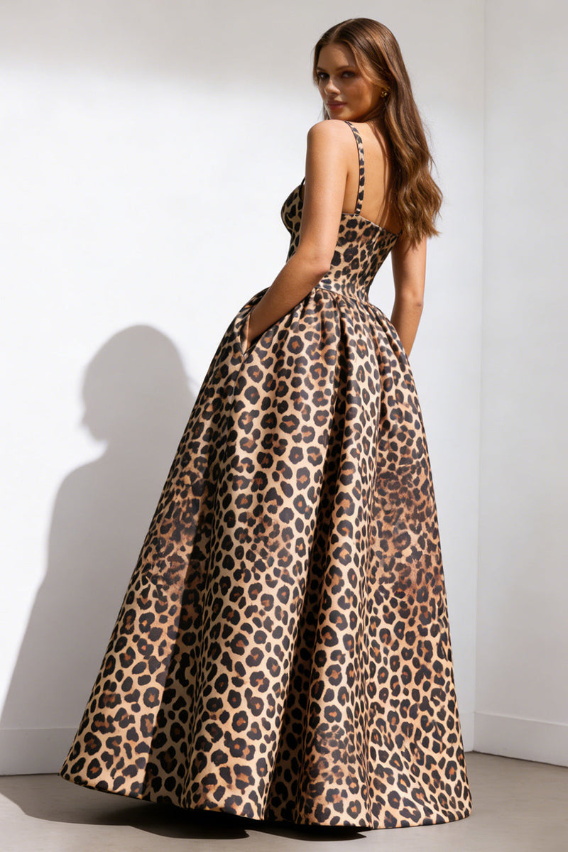 Load image into Gallery viewer, Brown Leopard Print Spaghetti Straps A Line Long Prom Dress