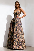 Load image into Gallery viewer, Brown Leopard Print Spaghetti Straps A Line Long Prom Dress