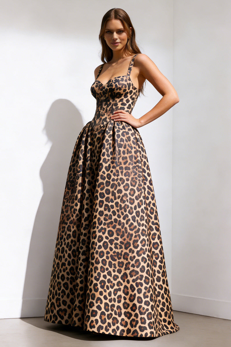 Load image into Gallery viewer, Brown Leopard Print Spaghetti Straps A Line Long Prom Dress