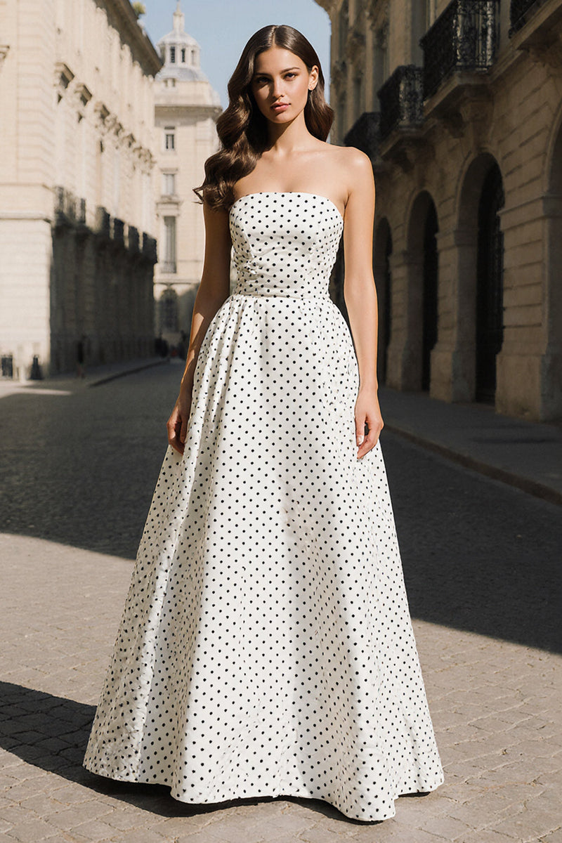 Load image into Gallery viewer, Black and White Strapless A Line Polka Dots Long Prom Dress