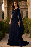 Load image into Gallery viewer, Navy One Shoulder Ruched Sheath Long Prom Dress with Side Cape