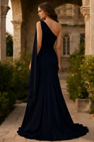 Load image into Gallery viewer, Navy One Shoulder Ruched Sheath Long Prom Dress with Side Cape