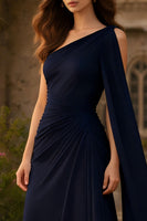 Load image into Gallery viewer, Navy One Shoulder Ruched Sheath Long Prom Dress with Side Cape