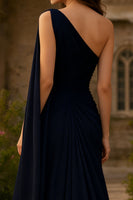 Load image into Gallery viewer, Navy One Shoulder Ruched Sheath Long Prom Dress with Side Cape
