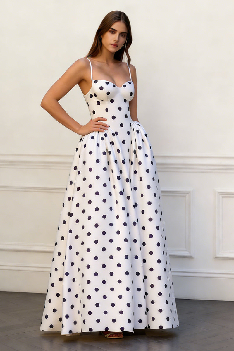 Load image into Gallery viewer, Black and White Polka Dots Spaghetti Straps A Line Long Prom Dress