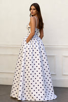 Load image into Gallery viewer, Black and White Polka Dots Spaghetti Straps A Line Long Prom Dress