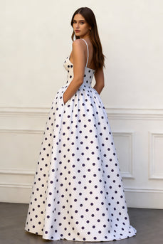 Black and White Polka Dots Spaghetti Straps A Line Long Prom Dress