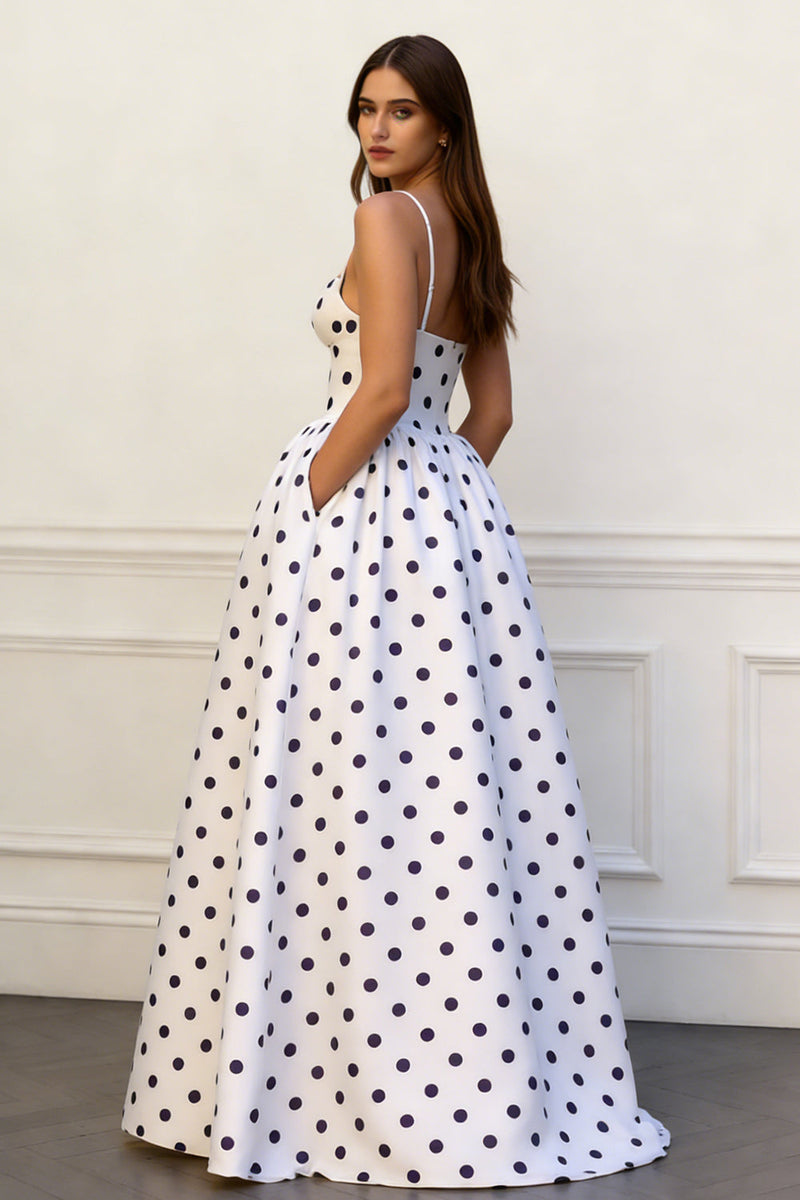 Load image into Gallery viewer, Black and White Polka Dots Spaghetti Straps A Line Long Prom Dress