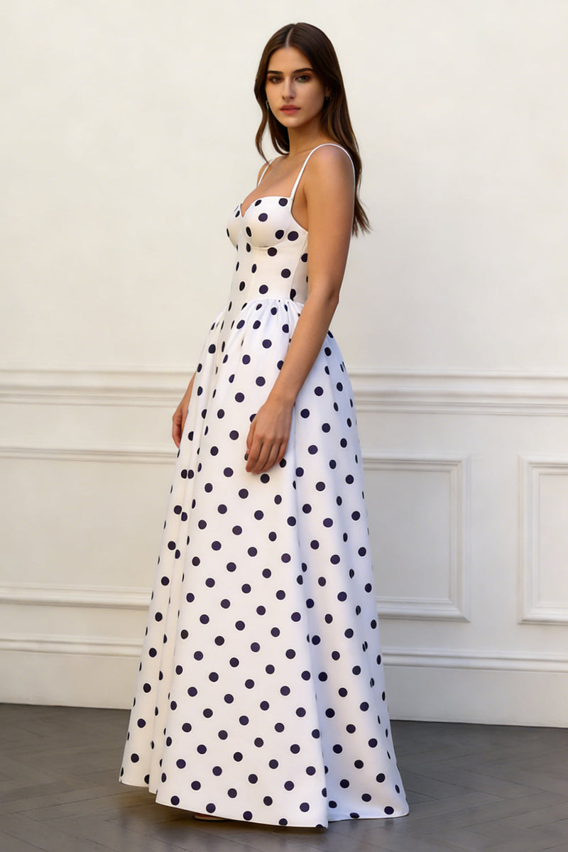 Load image into Gallery viewer, Black and White Polka Dots Spaghetti Straps A Line Long Prom Dress