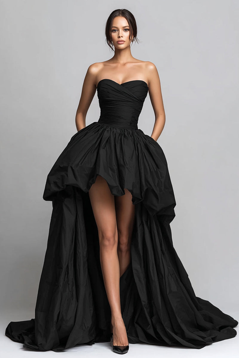 Load image into Gallery viewer, Black Ruched Sweetheart High-Low Prom Dress