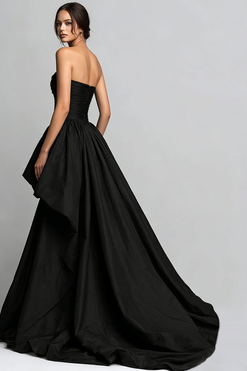 Load image into Gallery viewer, Black Ruched Sweetheart High-Low Prom Dress