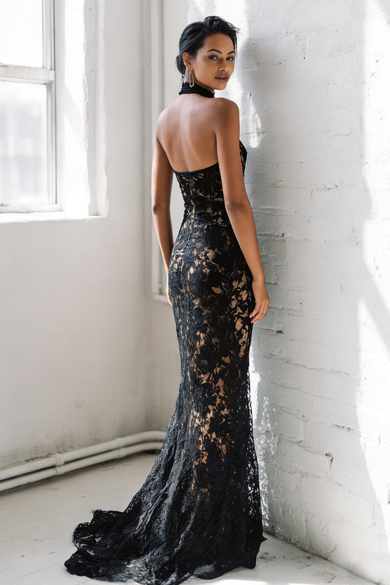 Load image into Gallery viewer, Black Lace Halter Mermaid Long Prom Dress