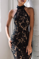 Load image into Gallery viewer, Black Lace Halter Mermaid Long Prom Dress