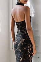 Load image into Gallery viewer, Black Lace Halter Mermaid Long Prom Dress