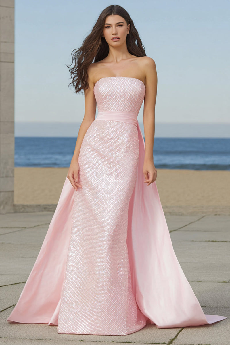 Load image into Gallery viewer, Sparkly Light Pink Sequin Strapless Long Prom Dress with Cape