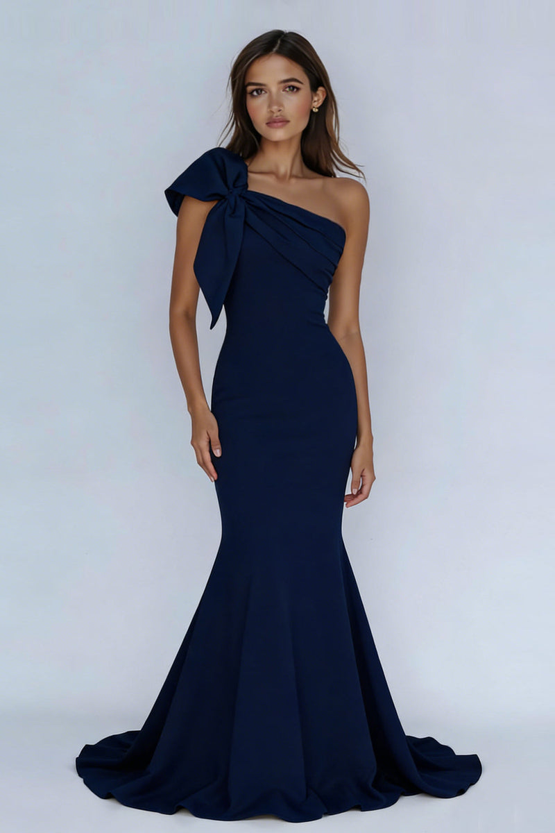Load image into Gallery viewer, Navy One Shoulder Ruched Mermaid Long Prom Dress