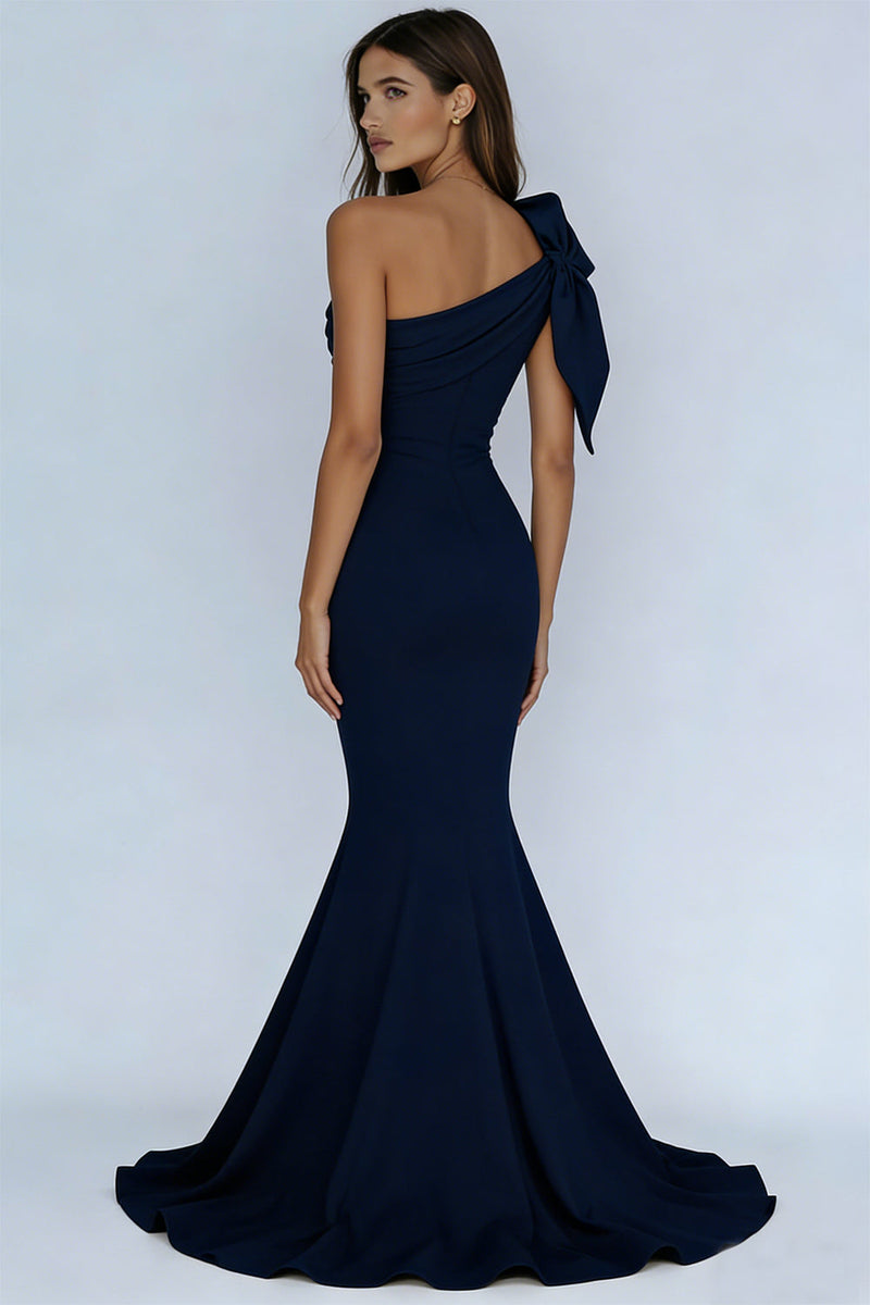Load image into Gallery viewer, Navy One Shoulder Ruched Mermaid Long Prom Dress