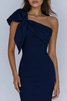 Load image into Gallery viewer, Navy One Shoulder Ruched Mermaid Long Prom Dress