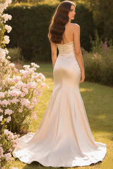 Champagne Sweetheart Mermaid Long Satin Prom Dress