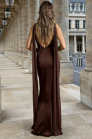 Load image into Gallery viewer, Coffee V Neck Sheath Long Formal Dress with Cape