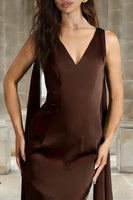 Load image into Gallery viewer, Coffee V Neck Sheath Long Formal Dress with Cape