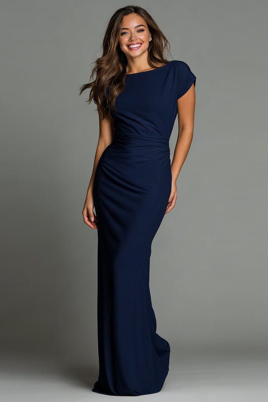 Queendancer Women Navy Long Formal Dress with Sleeves Mermaid Boat Neck Ruched Evening Dress