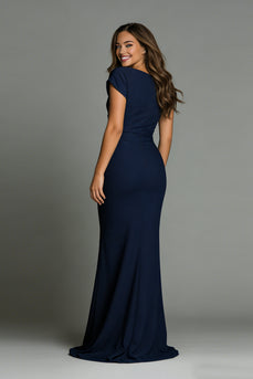Navy Boat Neck Mermaid Long Formal Dress with Sleeves