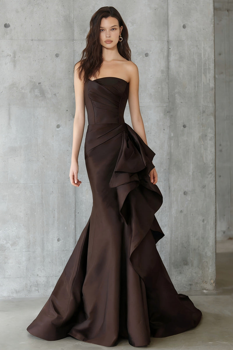 Load image into Gallery viewer, Coffee Strapless Ruffled Mermaid Long Formal Dress