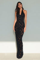Load image into Gallery viewer, Black Lace Halter Neck Backless Mermaid Long Formal Dress