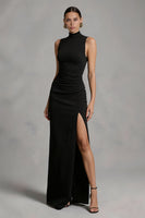 Load image into Gallery viewer, Black High Neck Backless Sheath Long Formal Dress with Slit