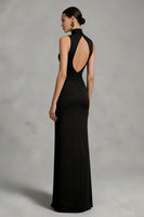Load image into Gallery viewer, Black High Neck Backless Sheath Long Formal Dress with Slit
