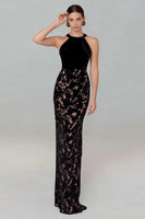 Load image into Gallery viewer, Black Halter Neck Mermaid Long Formal Dress with Lace