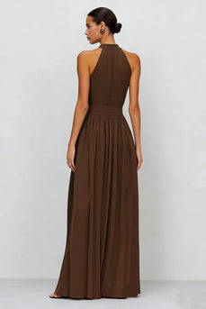 Brown High Neck Pleated A Line Long Formal Dress with Slit
