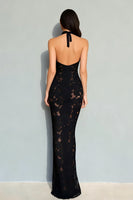 Load image into Gallery viewer, Black Halter Neck Mermaid Backless Long Lace Formal Dress