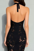 Load image into Gallery viewer, Black Halter Neck Mermaid Backless Long Lace Formal Dress