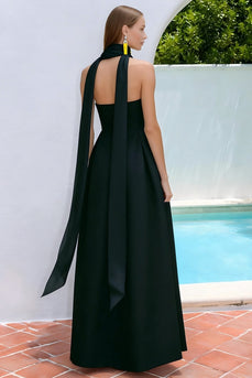 Navy Neck Scarf Strapless A Line Long Formal Dress