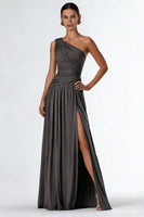 Load image into Gallery viewer, Dark Grey One Shoulder A Line Long Formal Dress with Slit