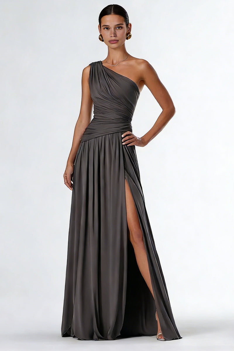 Load image into Gallery viewer, Dark Grey One Shoulder A Line Long Formal Dress with Slit