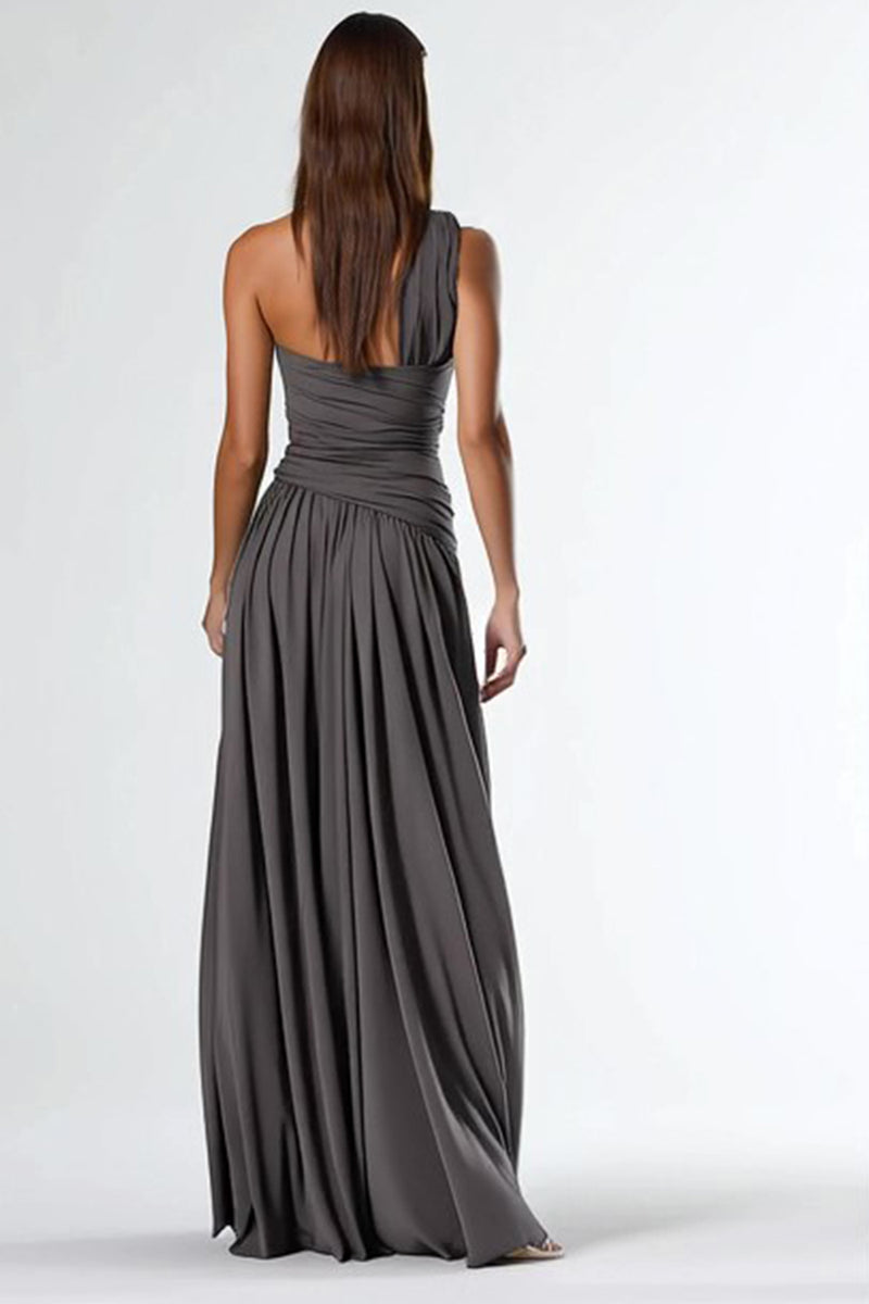 Load image into Gallery viewer, Dark Grey One Shoulder A Line Long Formal Dress with Slit