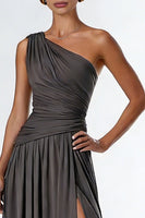 Load image into Gallery viewer, Dark Grey One Shoulder A Line Long Formal Dress with Slit