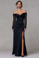 Load image into Gallery viewer, Black Off the Shoulder Sheath Long Formal Dress with Lace