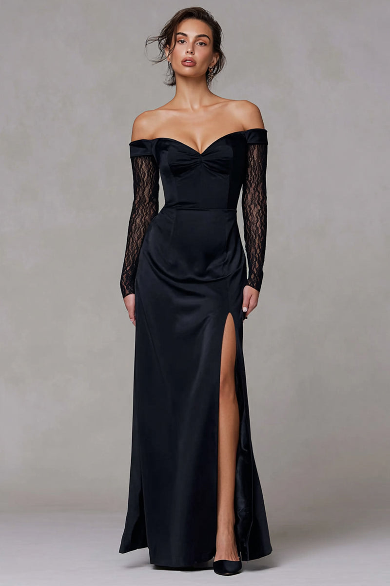 Load image into Gallery viewer, Black Off the Shoulder Sheath Long Formal Dress with Lace