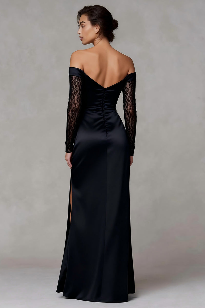 Load image into Gallery viewer, Black Off the Shoulder Sheath Long Formal Dress with Lace
