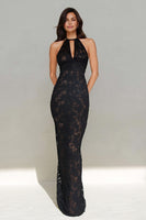 Load image into Gallery viewer, Black Lace Halter Neck Mermaid Long Formal Dress with Keyhole