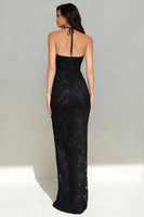 Load image into Gallery viewer, Black Lace Halter Neck Mermaid Long Formal Dress with Keyhole